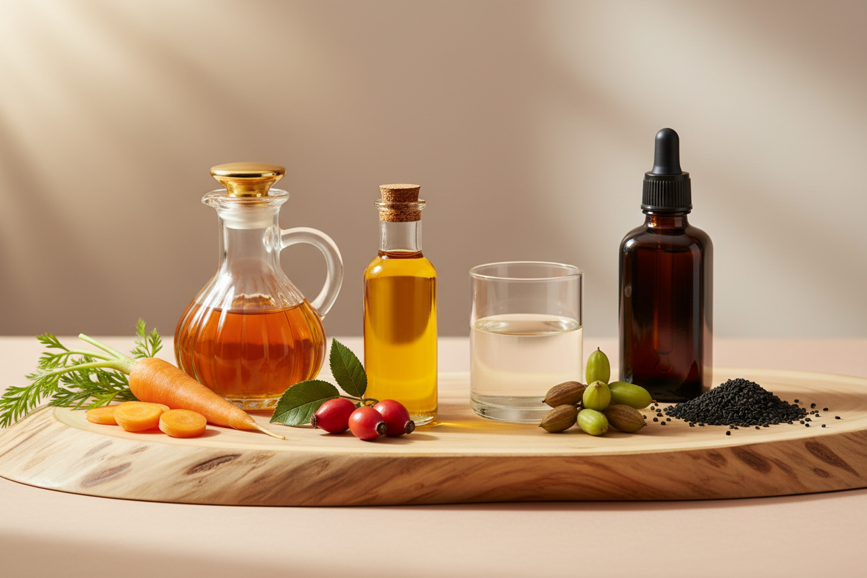 huiles végétales carotte, rose musqué, nigelle, jojoba