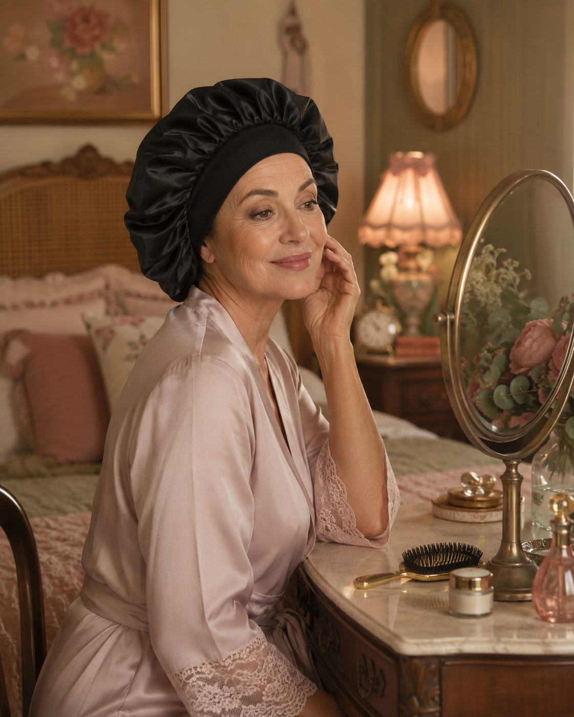 Bonnet de nuit en satin à bandeau élastique
