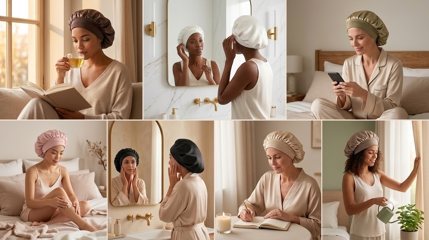 Bonnet de nuit en satin à bandeau élastique